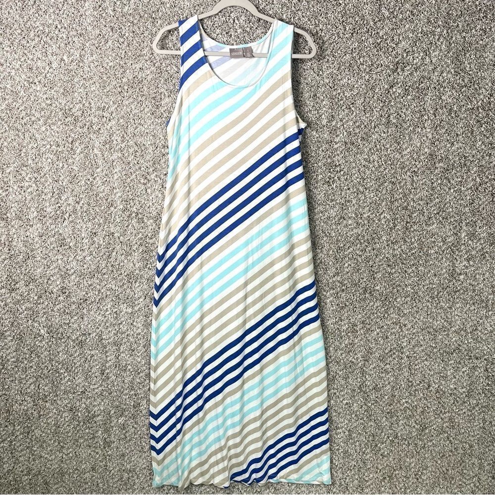 Chico's Dress Women's 1 / M / 8 Blue, Tan, and White Striped Sleeveless Maxi